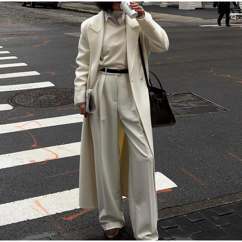 Double-sided Woolen White Draping Trench Coat