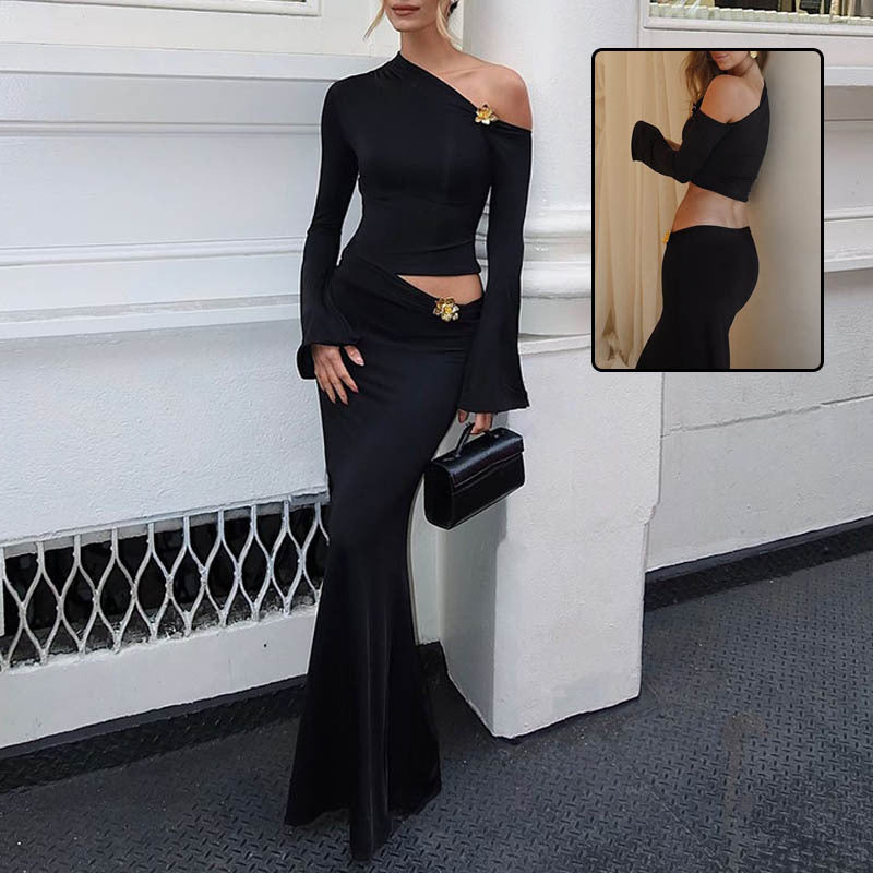 Cassy Shoulder Skirt Suit With Flower Fashion Bell Sleeve