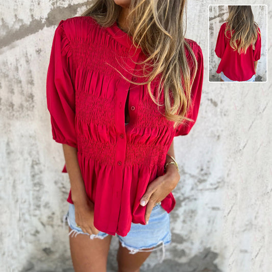 Pleated Button Short-sleeved top