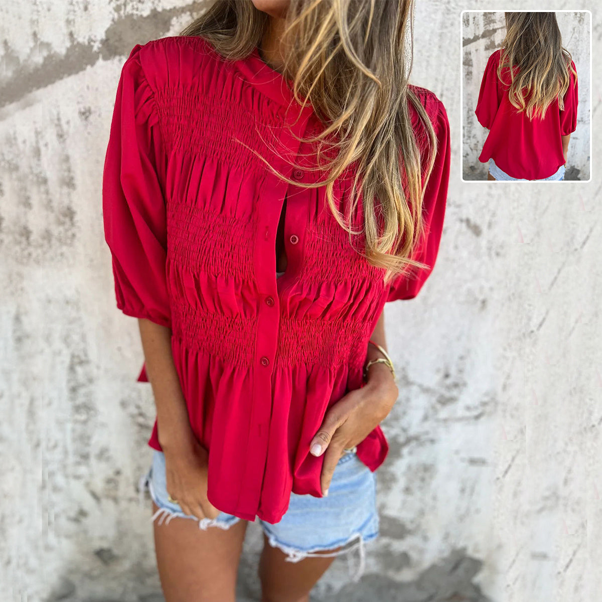 Pleated Button Short-sleeved top
