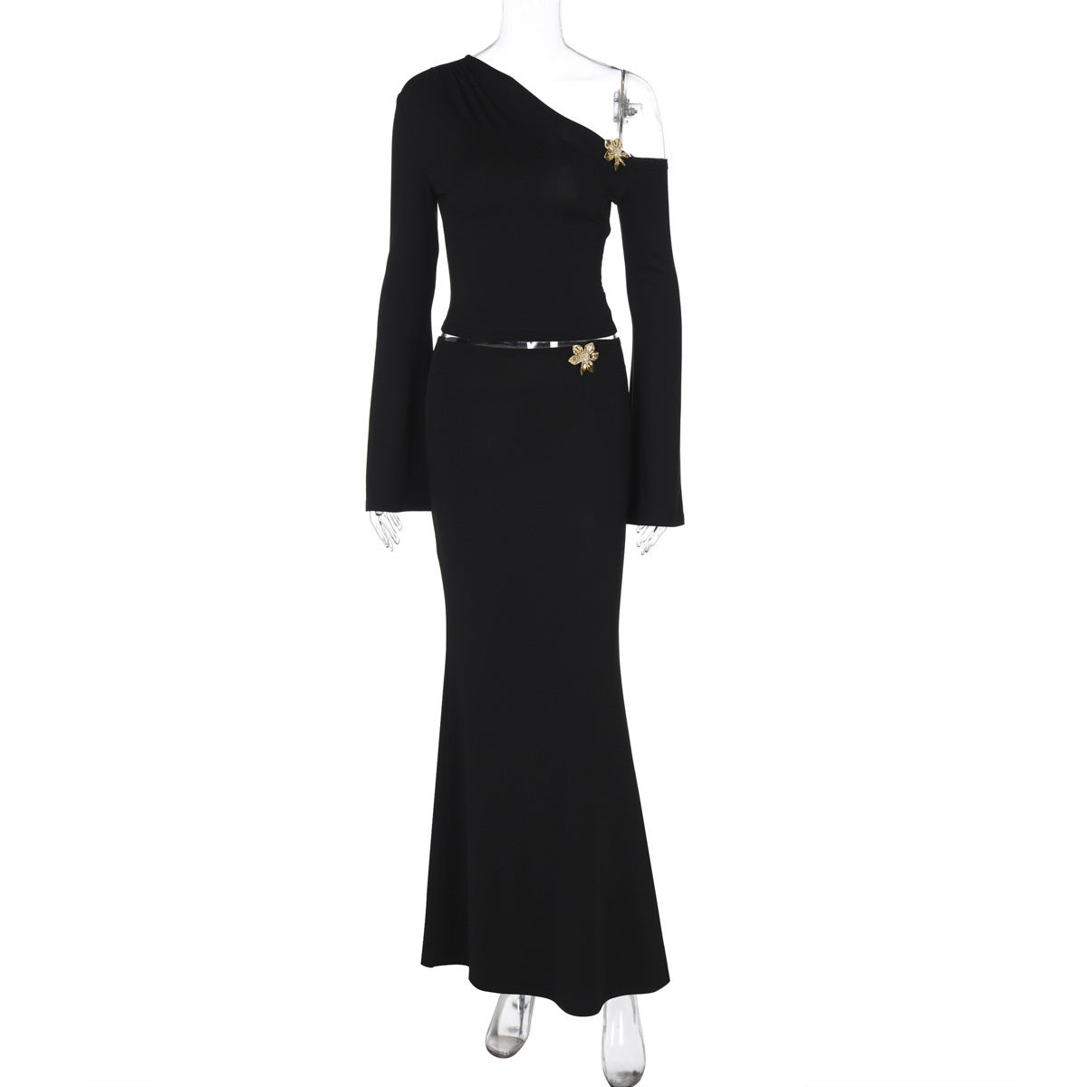 Cassy Shoulder Skirt Suit With Flower Fashion Bell Sleeve