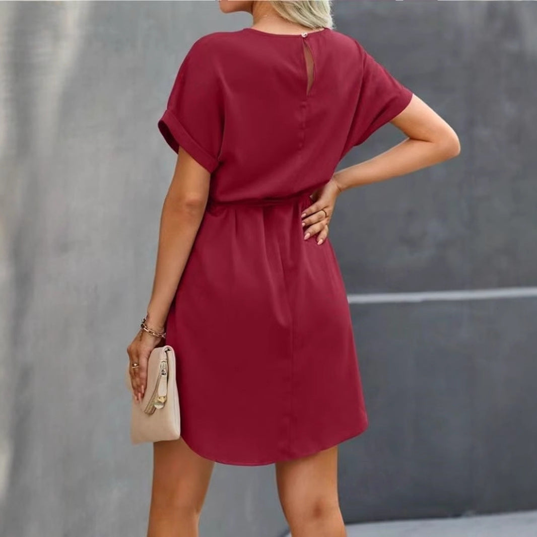 Lace-up Short Sleeve Satin Dress